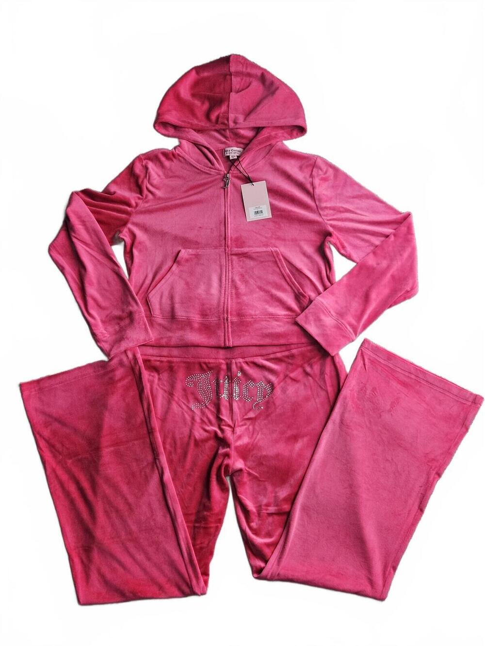 Juicy Couture Pink Velour Tracksuit Rhinestone Y2K Zip Hoodie Set L NWT E/18